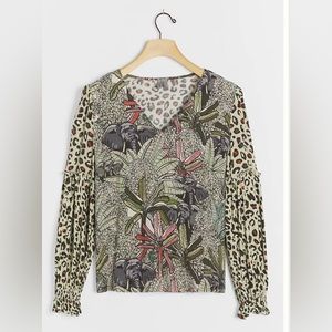 Anthropologie Blank London Sibley Mock Neck Top XS Safari Elephant leopard print